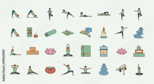 Yoga Poses and Accessories Icon Set - Healthy Lifestyle and Wellness