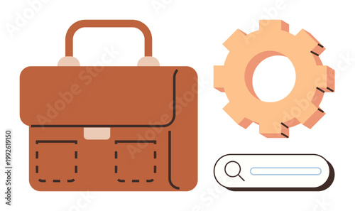 Career advancement, productivity tools, online search, technology integration, business solutions, optimization. Brown briefcase, gear and search bar graphics. Career advancement and productivity