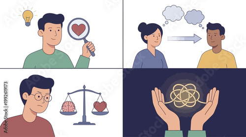 Illustrations depicting various aspects of human psychology, including self-reflection, communication, emotional balance, and problem-solving.