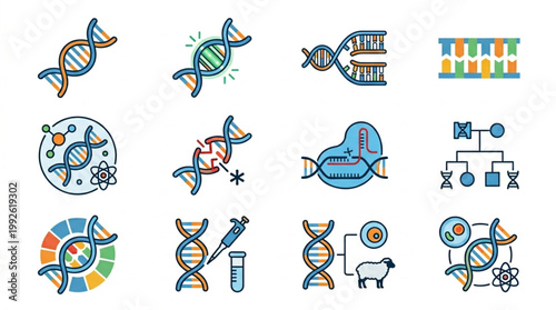 Genetic engineering icons set with DNA sequences and laboratory equipment on white background