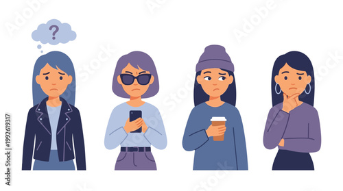 Illustration of four diverse young women expressing confusion, contemplation, and uncertainty with various thoughtful expressions.