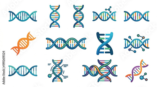 A colorful collection of DNA double helix icons in various styles and colors on a white background