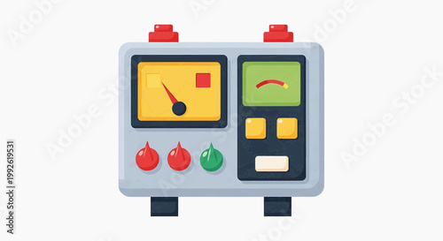 Flat illustration of a retro testing device with gauges and knobs on a white background