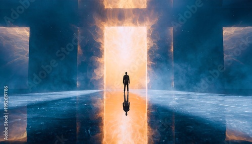 Silhouetted figure faces massive glowing rectangular portal, spectral gradient light. Mirror floor, indigo void, volumetric rays. Transition, future, spiritual awakening.