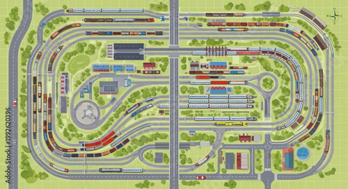 Detailed aerial view of a model train set with many tracks and trains.