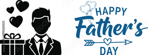 Happy Fathers Day design with dad portrait silhouette, gift box and hearts illustration in black and blue for greeting cards, posters, t shirt prints