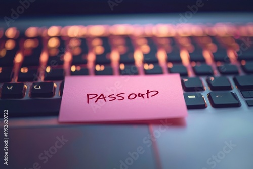 Handwritten pink sticky note reading password on a laptop keyboard with warm colorful backlighting, suggesting vulnerability and careless security