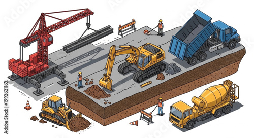 Construction scene on a barge with heavy machinery and workers.