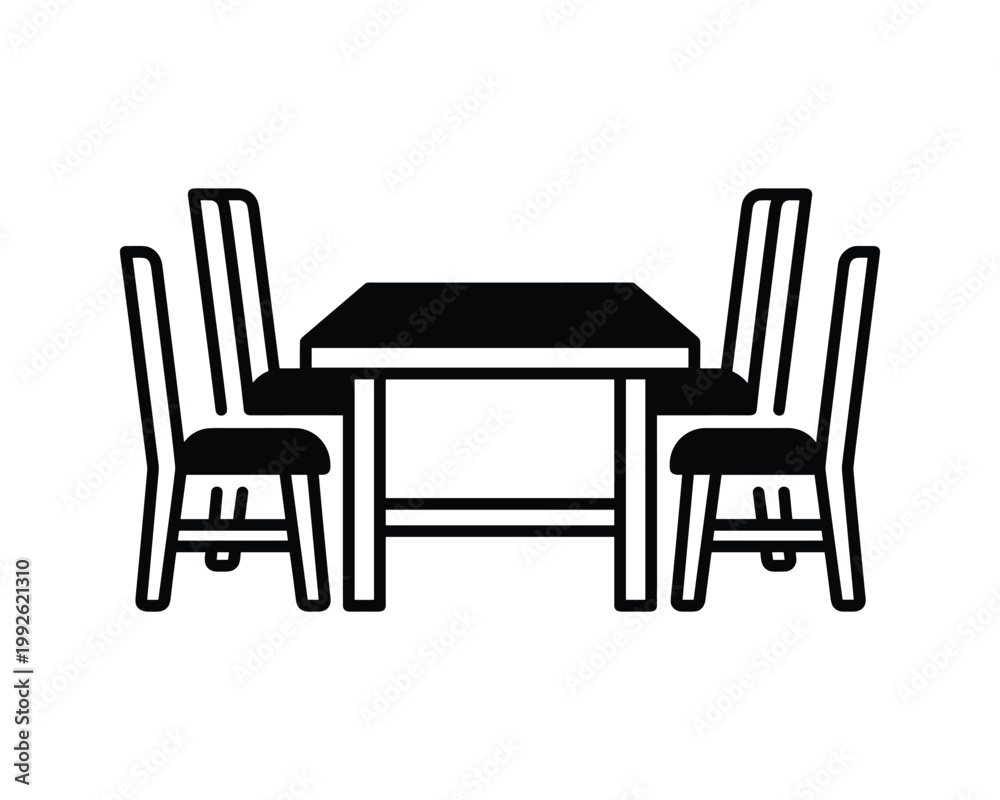 Fototapeta premium Black and white dining table with four chairs icon for interior design projects.