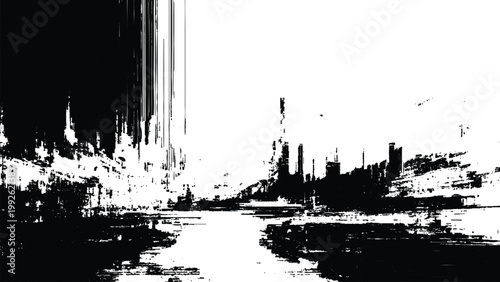 Abstract cityscape with river and buildings in monochrome colours