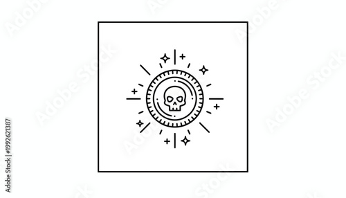 Pirate Coin with Skull Icon, Treasure Symbol, and Sparkles - Vector Illustration