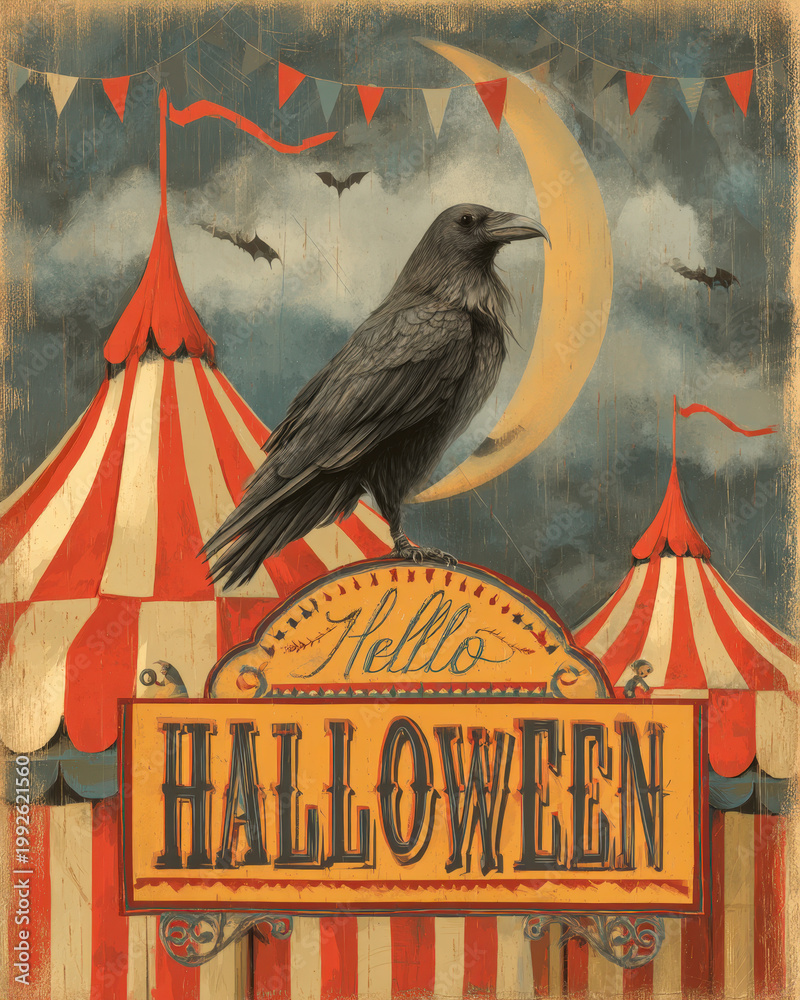 Fototapeta premium Painted Halloween card with raven on crescent moon in dark night sky