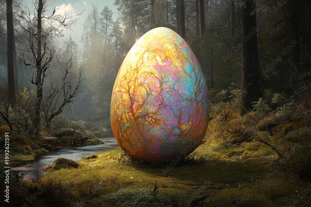 Naklejka premium Giant iridescent egg glowing on a mossy forest clearing beside a slow stream, surrounded by tall trees and misty sunlight, evoking a mysterious magical sense of wonder and calm