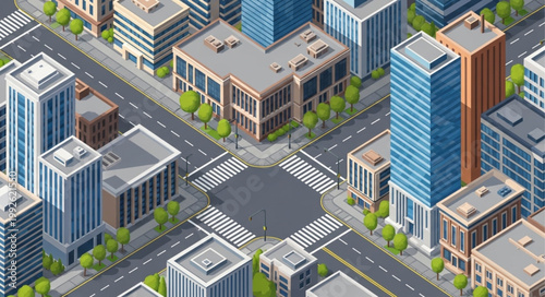 Isometric Cityscape with Modern Buildings and Roads.