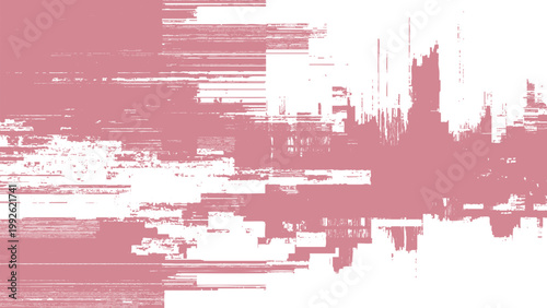 Glitch art design with pink and white abstract digital noise pattern