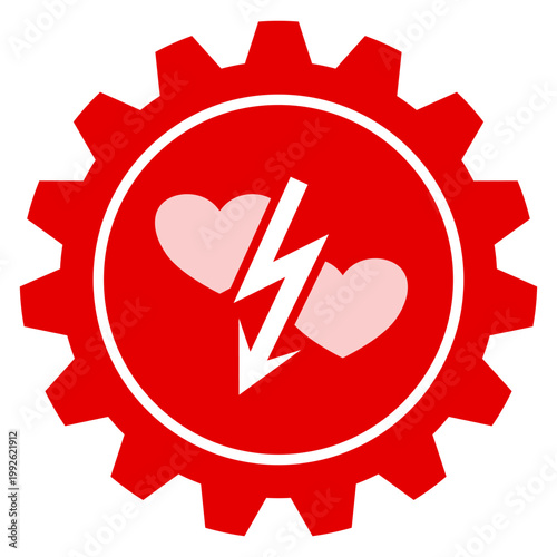 Red gear icon with heart symbol and lightning bolt symbol illustrating relationship conflict or emotional damage on a transparent background for various conceptual designs