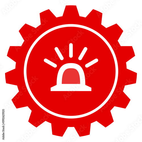 Red gear icon with white siren light symbol, emergency technical settings, alarm maintenance configuration, industrial alert system alert concept on isolated background