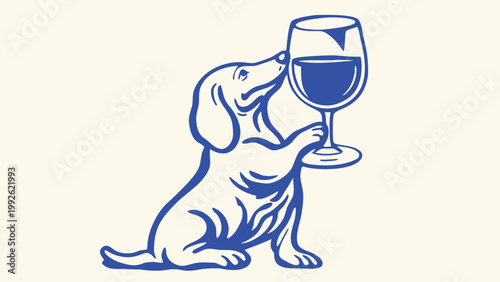 A dachshund playfully reaches for a glass of red wine in a sketch
