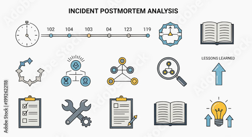 Incident postmortem analysis with tools and documents on a desk