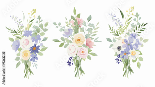 Watercolor floral arrangements three delicate bouquets with varied blooms