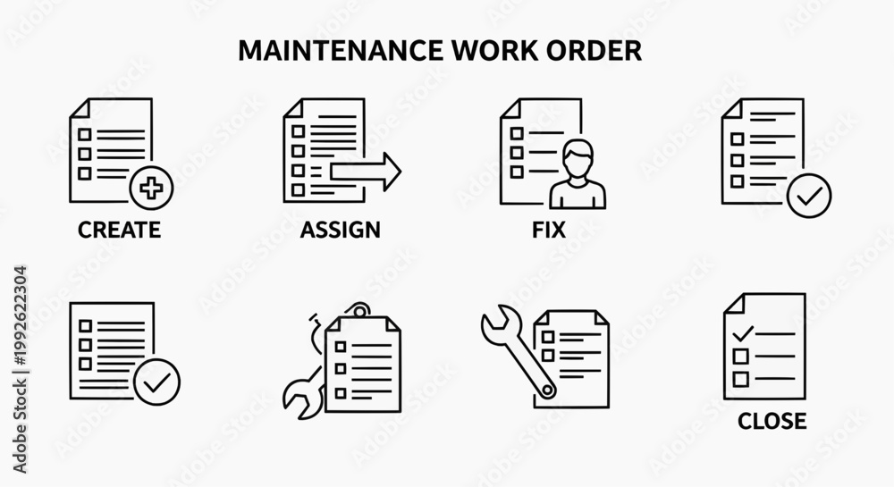 Fototapeta premium Step-by-step linear workflow for facility maintenance work orders, outlining creation, assignment, execution, and closure using sequential vector line icons
