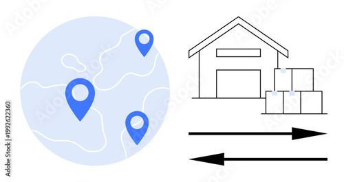 Supply chain, logistics management, global shipping, inventory control, delivery services, trade distribution. Map with location pins linked to a warehouse. Logistics management and global shipping