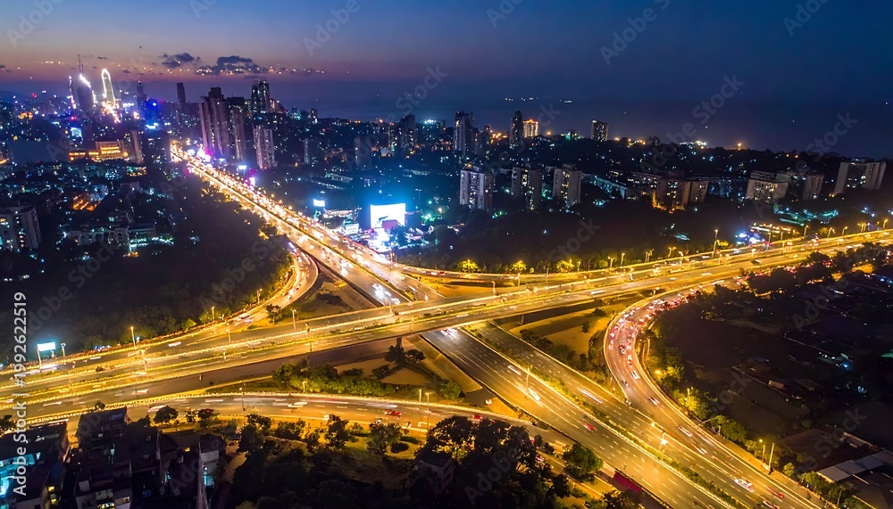 Fototapeta premium Aerial cityscape at dusk with illuminated highway interchange