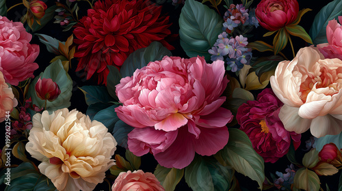 Floral tapestry: An exquisite tapestry of flowers unfurls, presenting a luxurious spectacle of color, texture, and form with peonies at the focal point.