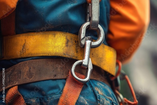 close-up of a worn safety harness with metal carabiner, yellow belt, blue clothing and orange sleeve conveying readiness and rugged work-focused determination