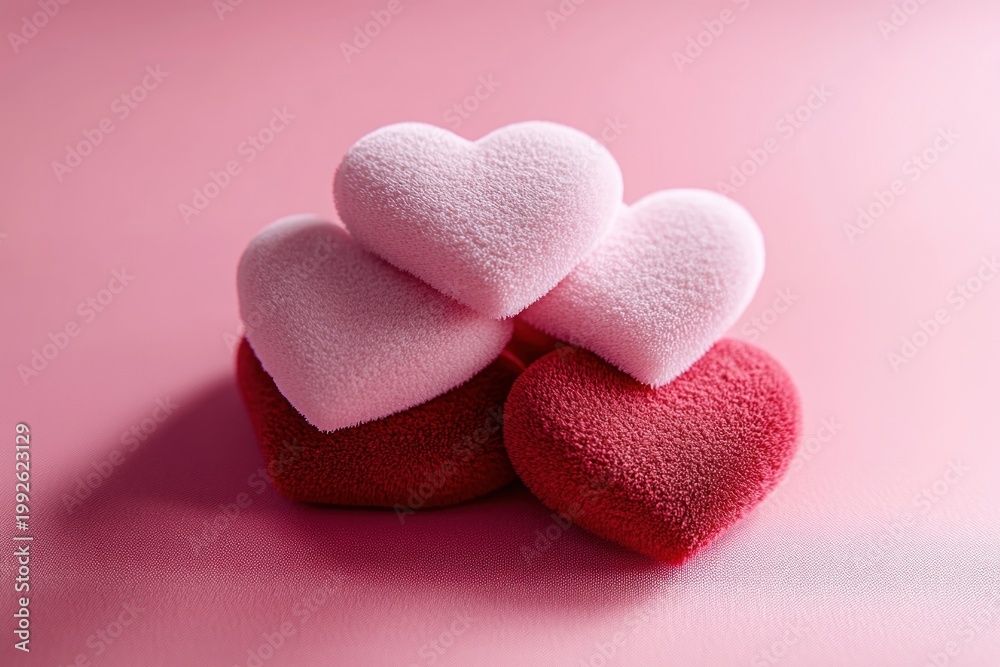 Fototapeta premium Four soft textured pink and red heart-shaped cushions stacked on a pink surface expressing warmth and affection
