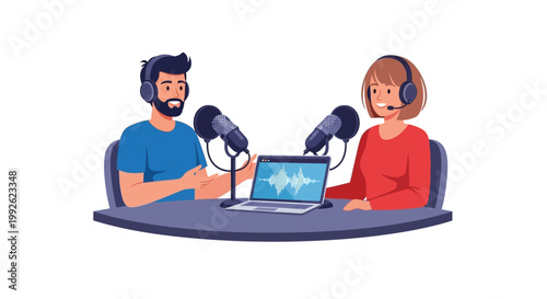 Two people recording a podcast episode.
