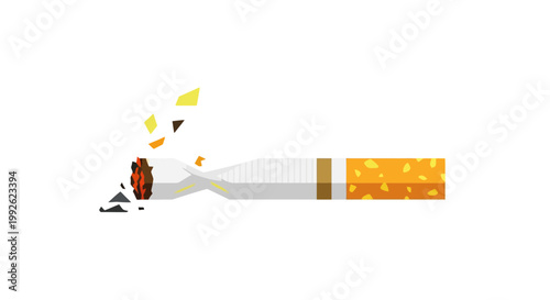 A striking flat design illustration of a burning cigarette with glowing embers and falling ash, vividly depicting the slow consumption of tobacco and the associated health risks and habits