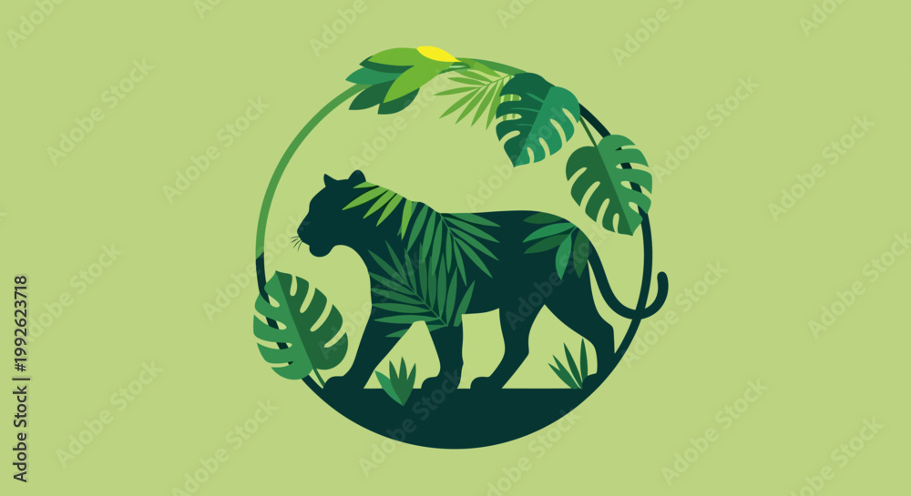 Fototapeta premium Nature's Majesty A Silhouette of a Panther Amidst Lush Tropical Leaves