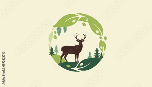 A Majestic Deer Stands Proudly Within a Circle of Lush Green Leaves, Representing Nature and Wildlife Conservation