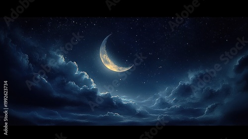 Glowing crescent moon above layered dark clouds under a starry deep blue sky, evoking peaceful dreamy serenity
