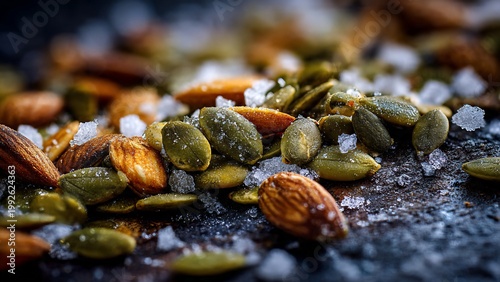 Gourmet roasted pumpkin seeds and almonds seasoned with coarse sea salt crystals on dark background