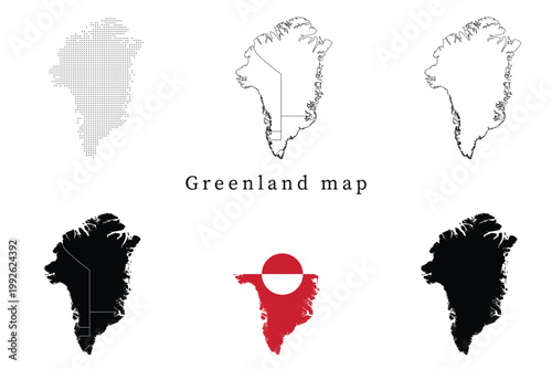 Set of Greenland map silhouettes featuring administrative regions, dotted patterns, line art outlines, and the national flag version.