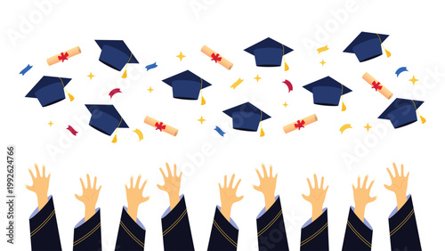 Graduation celebration vector with hands throwing academic caps and diplomas. Perfect for university ceremony banners, posters, and educational achievement designs.