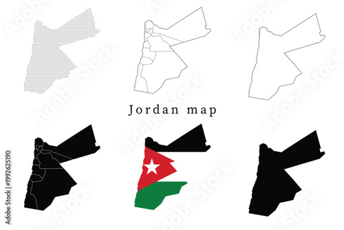 Detailed set of Jordan map silhouettes featuring administrative governorates, dotted patterns, line art outlines, and the national flag version.