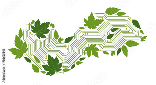 Circuit board design with green leaves on a white background, symbolizing eco-friendly technology.