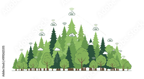 Illustration of a diverse forest with various green trees and eco-friendly icons floating above, on a white background.