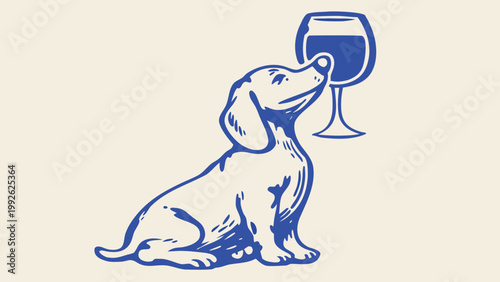 A curious beagle attempts to drink from a stemmed wine glass