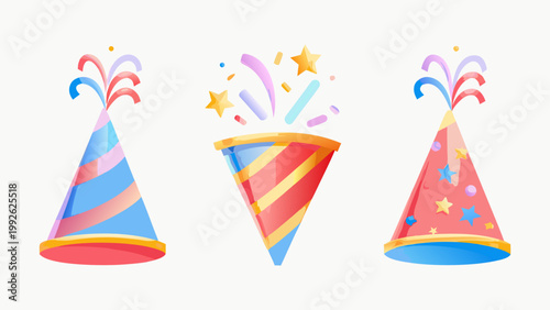 Colorful party poppers with confetti and stars in a celebratory scene