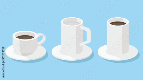 Isometric illustration depicting three white mugs with varying coffee levels