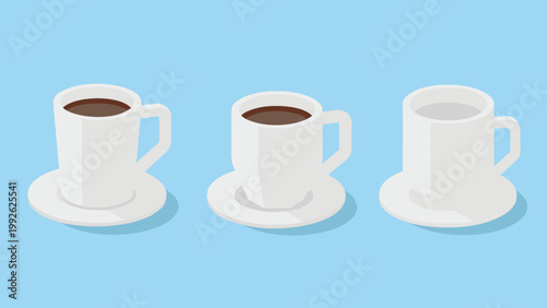 Isometric illustration of three white mugs with varying levels of liquid