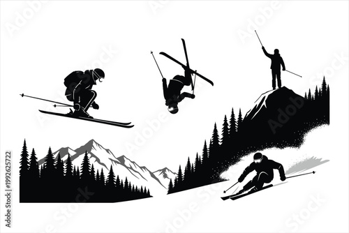 Skiing silhouettes, ski icons, mountain sports graphics, winter activity vectors