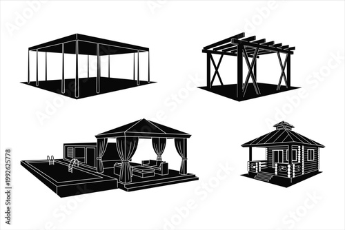 Gazebo, pergola, and pavilion icons, black vector set, outdoor structures, backyard designs