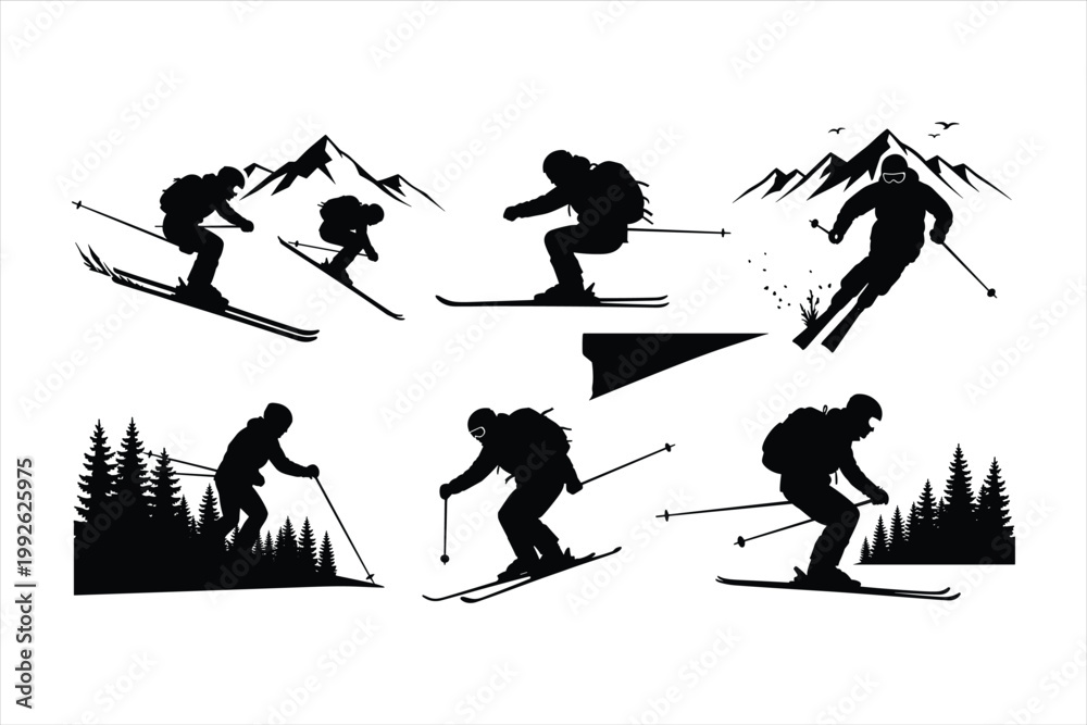 Fototapeta premium Skiing silhouettes, skiing icons, ski graphics, black ski illustrations, winter sports