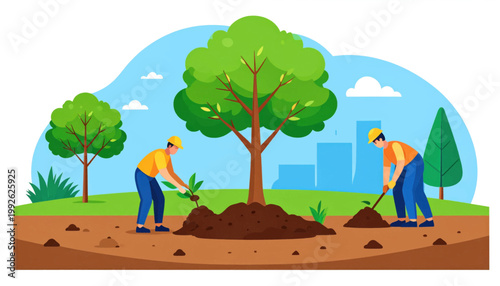 Environmental Protection Concept with Workers Planting Trees in Urban Park for Reforestation and Sustainability Flat Vector Illustration