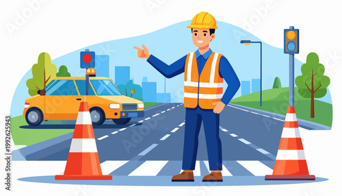 Road Construction Worker in Safety Vest Directing Traffic on City Street Vector Illustration